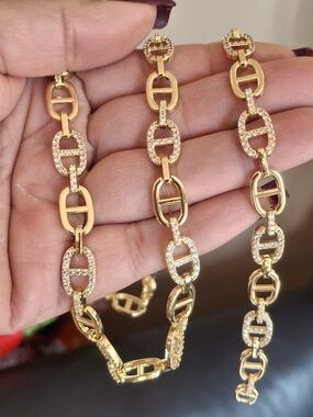 Gold Link Chain Necklace and Bracelet Set with Pave Accents